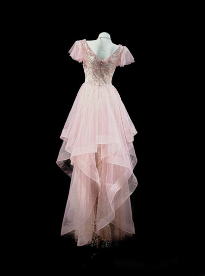 Refined Prom Dresses High Low V Neck Pink Tulle With Sleeves Evening Dress Formal Outfits RB5830