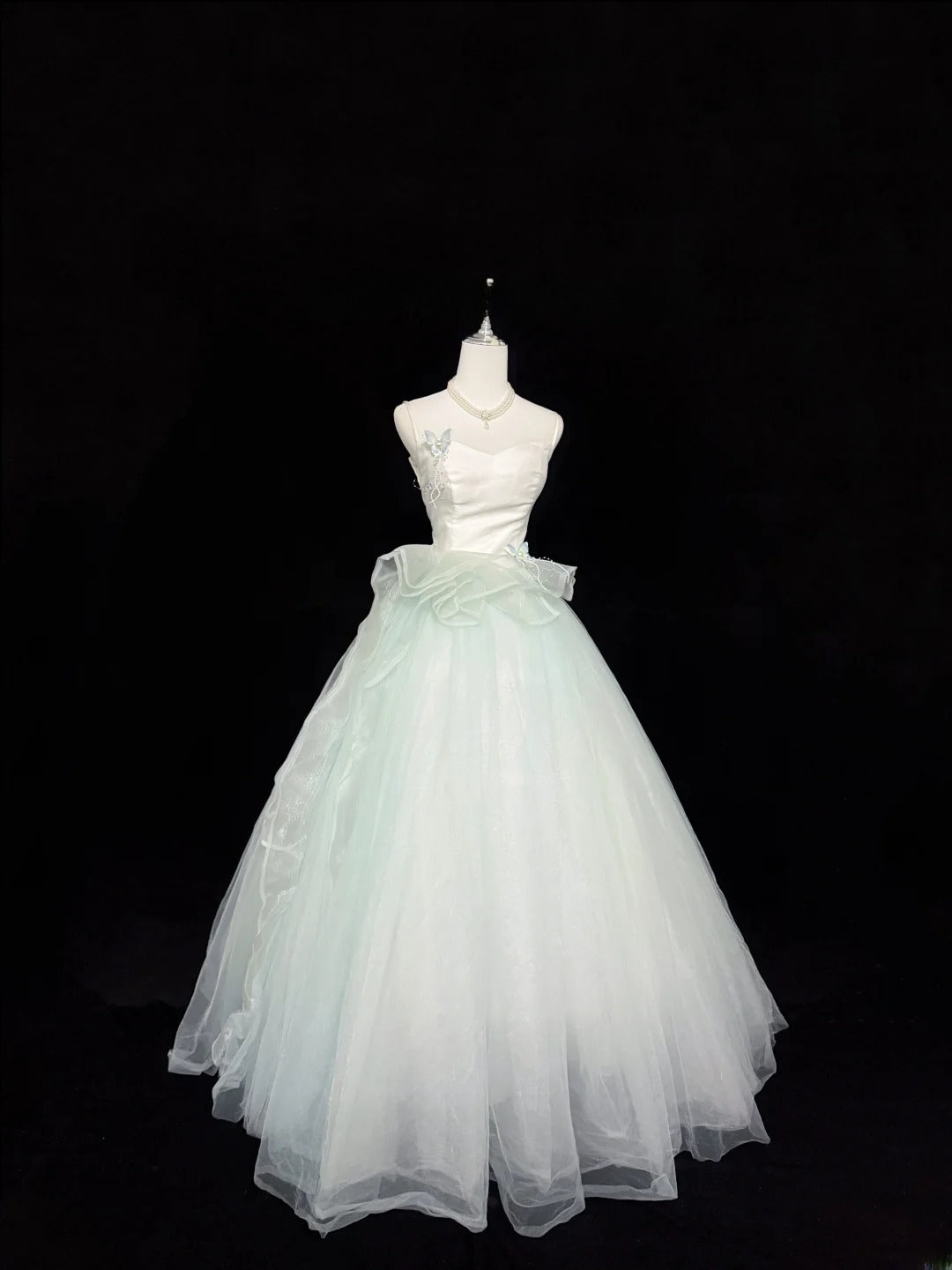 Fairytale Prom Dresses Ball Gown Spaghetti Strap Mint Green Tulle With Ruffles Evening Long Formal Dress RB7395