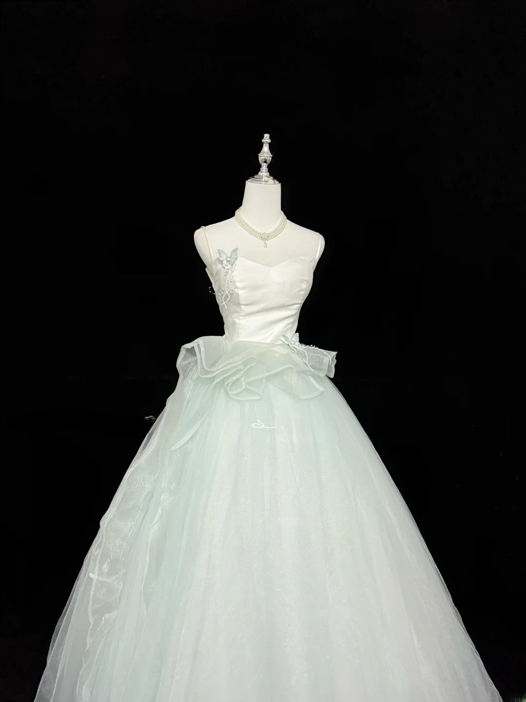 Fairytale Prom Dresses Ball Gown Spaghetti Strap Mint Green Tulle With Ruffles Evening Long Formal Dress RB7395