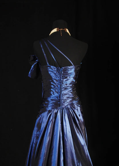 Vintage-Abendkleider im Stil der 90er Jahre, formell, A-Linie, One-Shoulder, marineblauer Satin mit Perlenstickerei, lange Partykleider, Ballkleider AS021