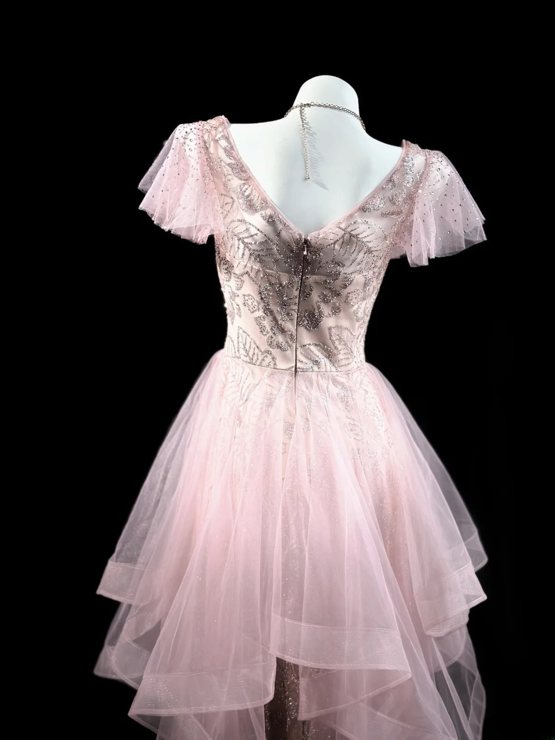 Refined Prom Dresses High Low V Neck Pink Tulle With Sleeves Evening Dress Formal Outfits RB5830