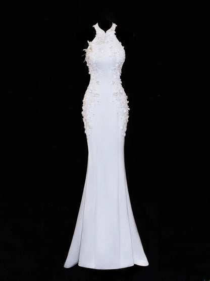 Prinzessinnen-Hochzeitskleider, elegant und schlicht für die Braut, Meerjungfrauen-Stil, hoher Kragen, Weiß, Brautkleider in kleinen/großen Größen für Damen SA021