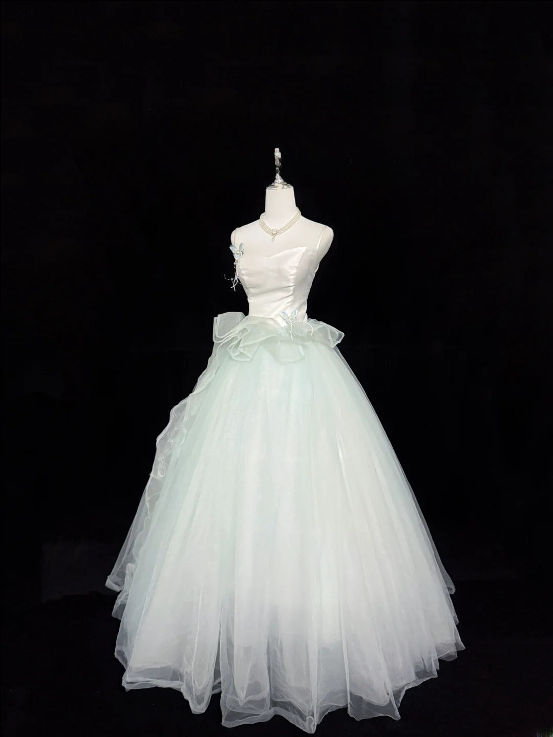 Fairytale Prom Dresses Ball Gown Spaghetti Strap Mint Green Tulle With Ruffles Evening Long Formal Dress RB7395