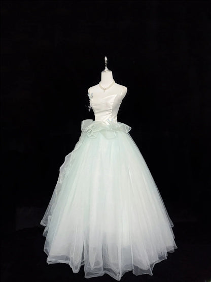 Fairytale Prom Dresses Ball Gown Spaghetti Strap Mint Green Tulle With Ruffles Evening Long Formal Dress RB7395