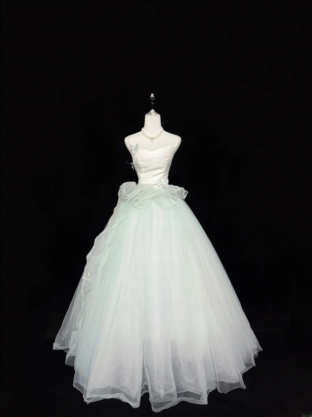 Fairytale Prom Dresses Ball Gown Spaghetti Strap Mint Green Tulle With Ruffles Evening Long Formal Dress RB7395