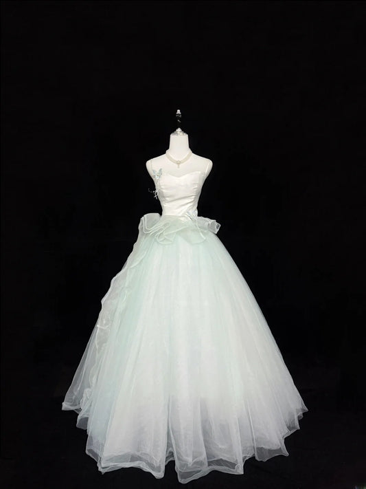 Fairytale Prom Dresses Ball Gown Spaghetti Strap Mint Green Tulle With Ruffles Evening Long Formal Dress RB7395