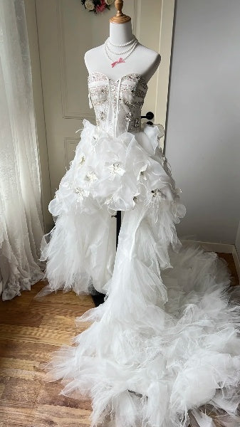 Weißes langes Ballkleid für den Abiball, Vokuhila, herzförmiger Ausschnitt, gestuftes formelles Abendkleid für schwarze Frauen RC0391