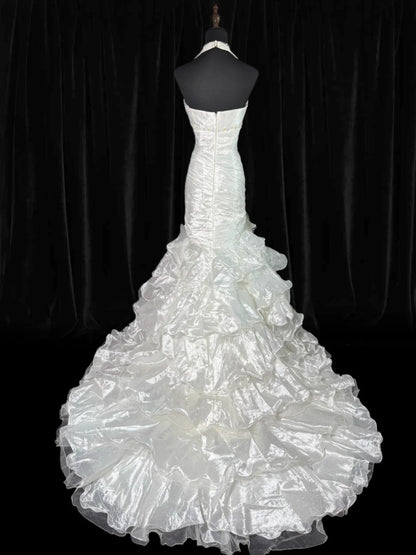Zeitloses, ärmelloses Meerjungfrauen-Brautkleid aus weißem Taft mit Stufenrock, Falten und Perlenbesatz, langes, tailliertes Vintage-Kleid im Stil der 1920er Jahre (AS022)