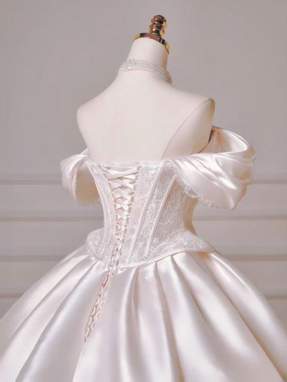 Langes Prinzessinnen-Hochzeitskleid, Ballkleid mit Herzausschnitt, plissiert, Satin, abnehmbare Ärmel, weißes Brautkleid AQ022