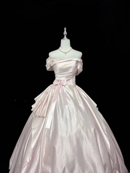 Fairytale Prom Dresses Ball Gown Off The Shoulder Pink Satin With Ruffles Evening Long Formal Dress RB7396
