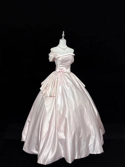Fairytale Prom Dresses Ball Gown Off The Shoulder Pink Satin With Ruffles Evening Long Formal Dress RB7396