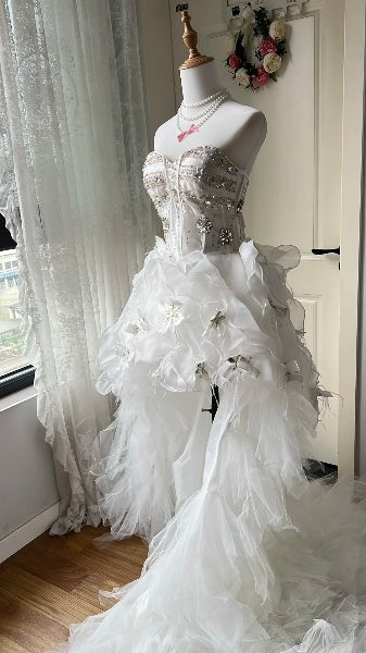 Weißes langes Ballkleid für den Abiball, Vokuhila, herzförmiger Ausschnitt, gestuftes formelles Abendkleid für schwarze Frauen RC0391