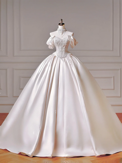 Langes Prinzessinnen-Hochzeitskleid, Ballkleid mit Herzausschnitt, plissiert, Satin, abnehmbare Ärmel, weißes Brautkleid AQ022