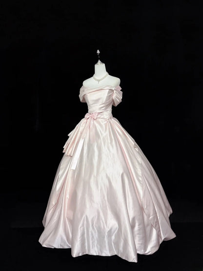 Fairytale Prom Dresses Ball Gown Off The Shoulder Pink Satin With Ruffles Evening Long Formal Dress RB7396