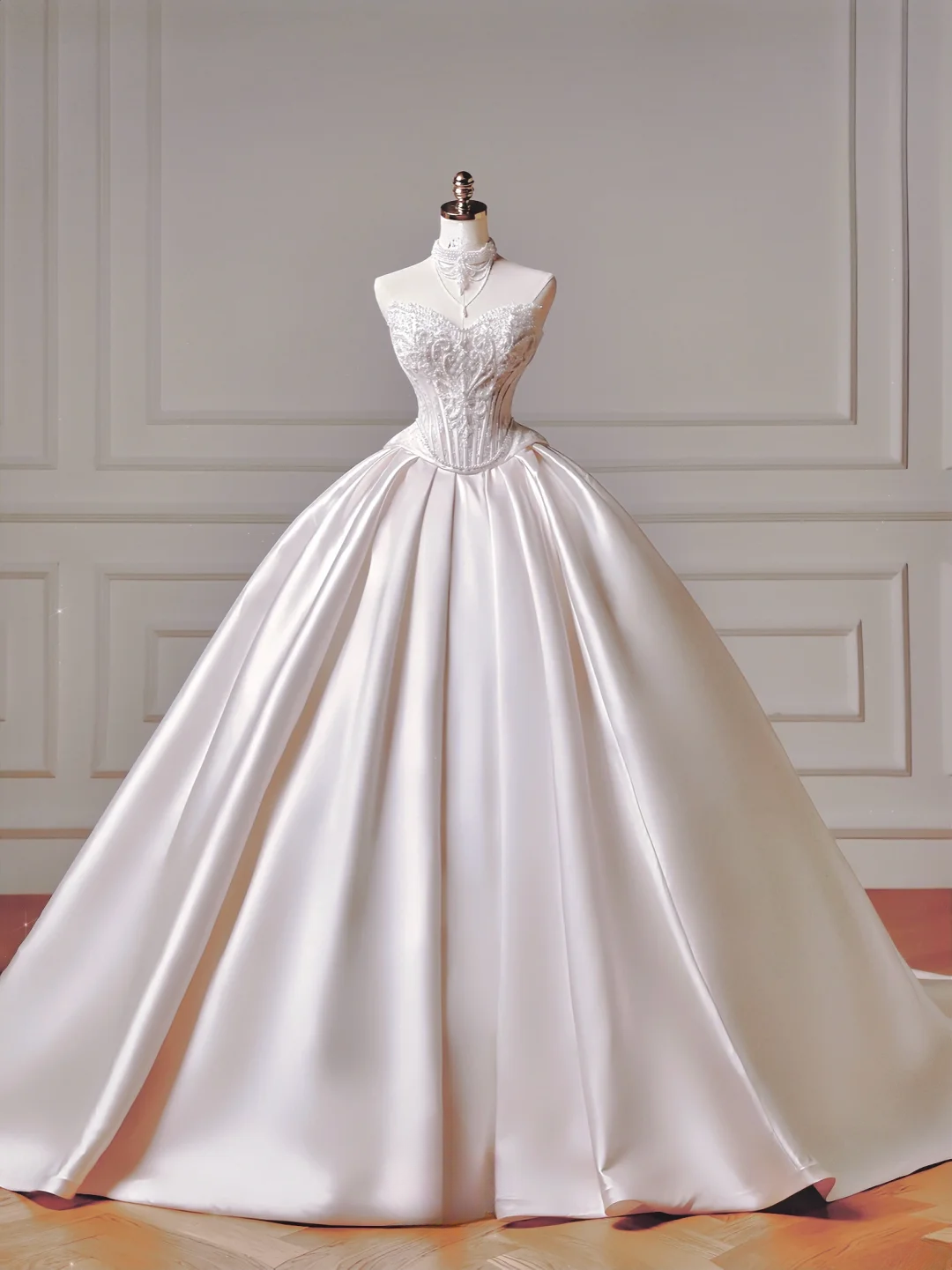 Langes Prinzessinnen-Hochzeitskleid, Ballkleid mit Herzausschnitt, plissiert, Satin, abnehmbare Ärmel, weißes Brautkleid AQ022