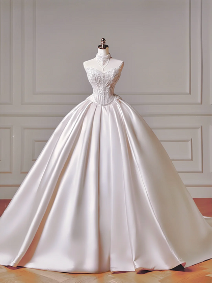 Langes Prinzessinnen-Hochzeitskleid, Ballkleid mit Herzausschnitt, plissiert, Satin, abnehmbare Ärmel, weißes Brautkleid AQ022