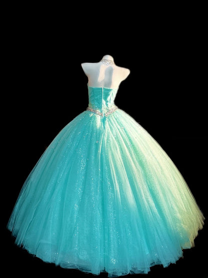 Robe de bal de princesse bustier bleue avec perles argentées longue robe de Quinceanera vestido de 15 de cenicienta RB3364