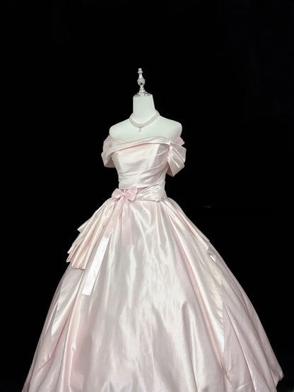 Fairytale Prom Dresses Ball Gown Off The Shoulder Pink Satin With Ruffles Evening Long Formal Dress RB7396