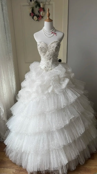 Sweet 16 Dresses Long Sweetheart White Tulle Floor Length Ball Gown Sweet Sixteen Birthday Gown RC0393