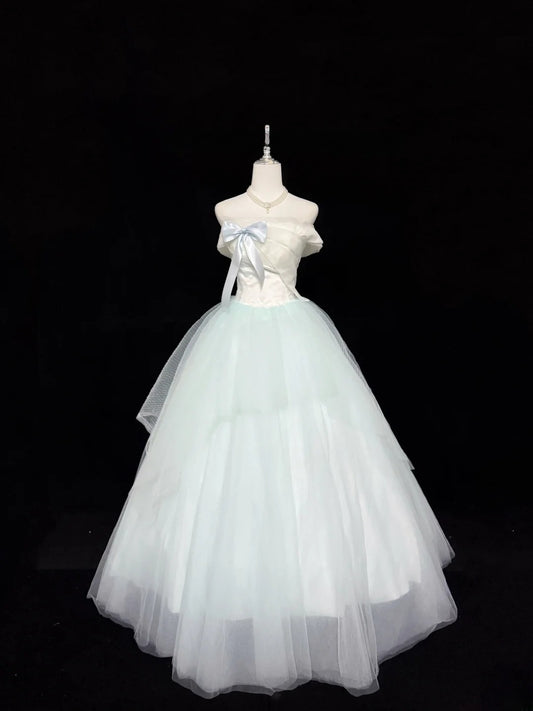 Fairytale Prom Dresses Ball Gown Strapless Light Mint Green Tulle With Bow Evening Long Formal Dress RB7397