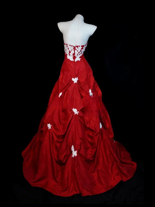 Red Prom Dress Ball Gown Strapless Lace Satin Modest Floor Length Formal Party Gown RB9828