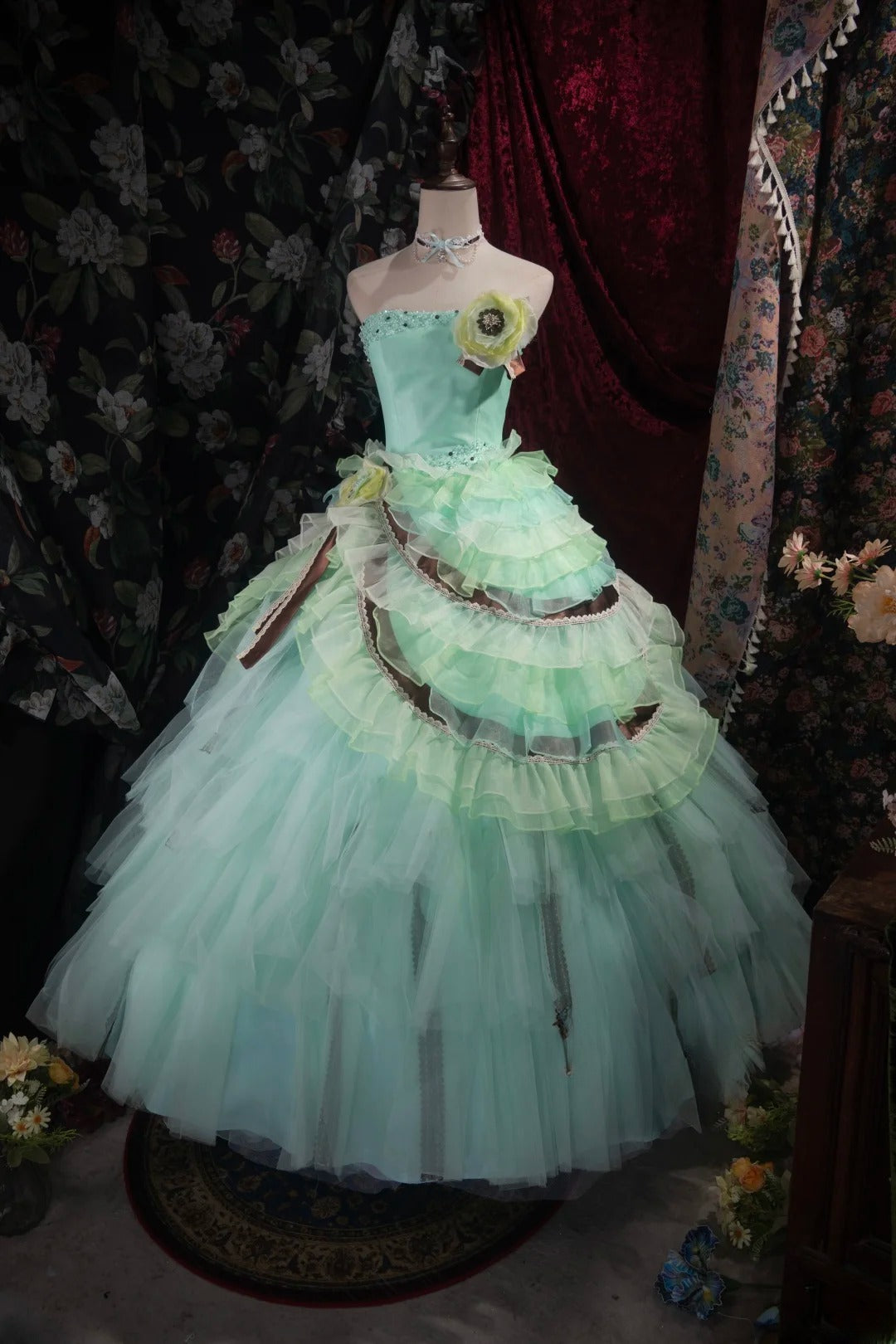 Dreamy Ball Gown Strapless Blue Green Tulle With Tiered Layers Long Quince Dress Quinceanera Dresses Formal Birthday Outfits RB8048