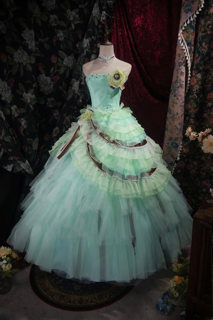 Dreamy Ball Gown Strapless Blue Green Tulle With Tiered Layers Long Quince Dress Quinceanera Dresses Formal Birthday Outfits RB8048