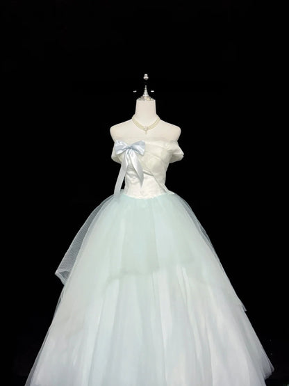 Fairytale Prom Dresses Ball Gown Strapless Light Mint Green Tulle With Bow Evening Long Formal Dress RB7397