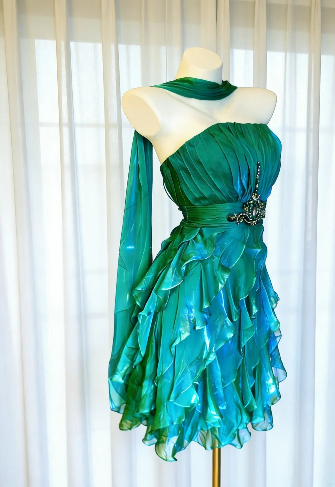 Robe de bal vintage trapèze bustier en mousseline verte, courte, en mousseline, pour un 18e anniversaire, une soirée de retrouvailles ou un cocktail (AS023)