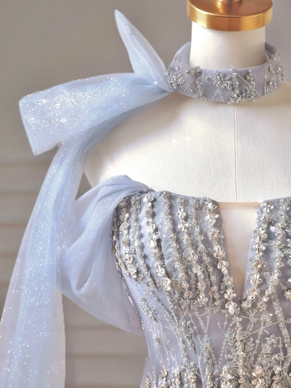 Robe de bal élégante et discrète, bustier à sequins bleu ciel clair, coupe ajustée, robe longue de soirée formelle pour adolescentes et lycéennes (AQ023)
