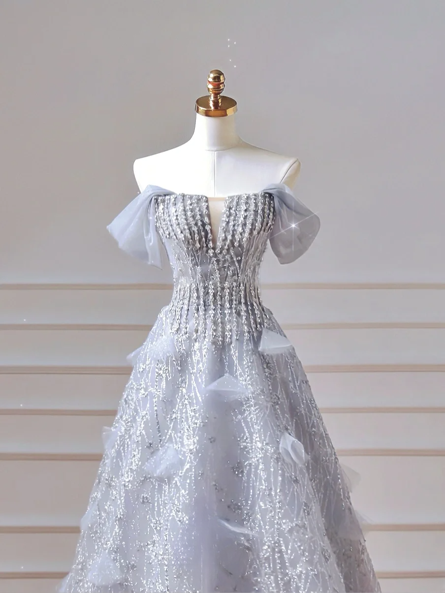 Robe de bal élégante et discrète, bustier à sequins bleu ciel clair, coupe ajustée, robe longue de soirée formelle pour adolescentes et lycéennes (AQ023)