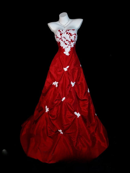 Red Prom Dress Ball Gown Strapless Lace Satin Modest Floor Length Formal Party Gown RB9828