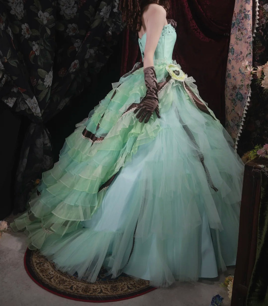 Dreamy Ball Gown Strapless Blue Green Tulle With Tiered Layers Long Quince Dress Quinceanera Dresses Formal Birthday Outfits RB8048