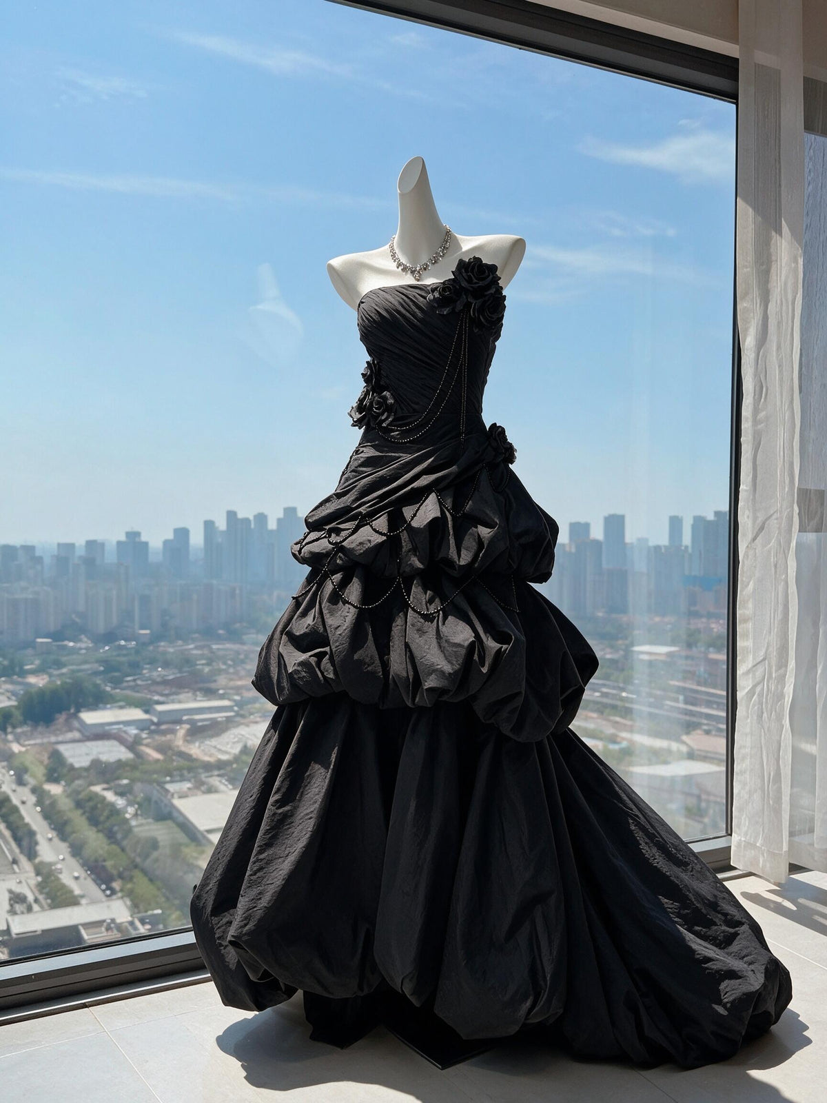 Prom Dress Mermaid Strapless Black With Flowers Taffeta Floor Length Graduation Party Dress RC0984