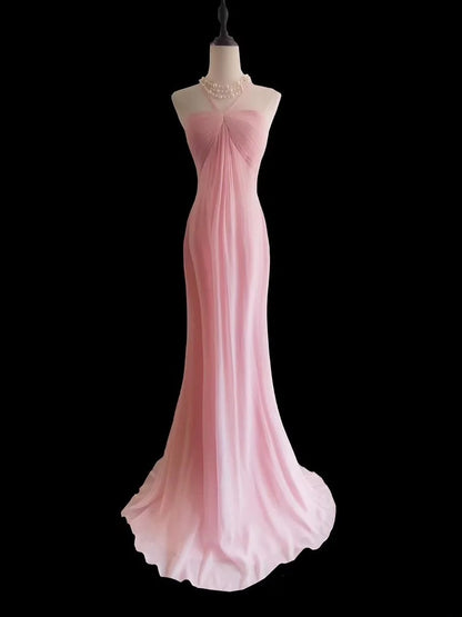 Robe de bal longue classique sirène rose en mousseline sans manches, dos nu, pour les élèves de terminale (AS024)
