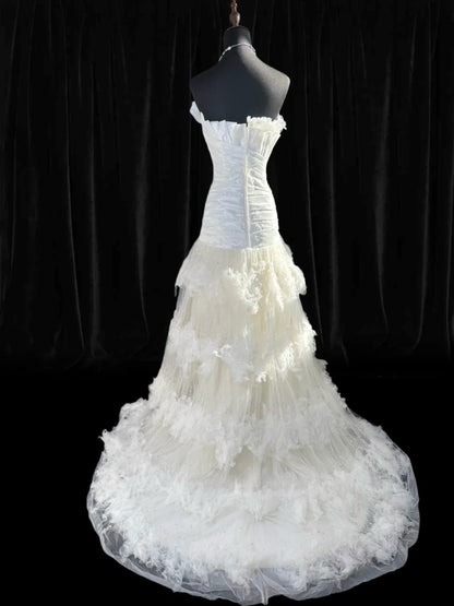 Robe de mariée sirène intemporelle pour femme, bustier sans manches, en tulle blanc à volants plissés et perles, coupe longue vintage années 1920 AS024