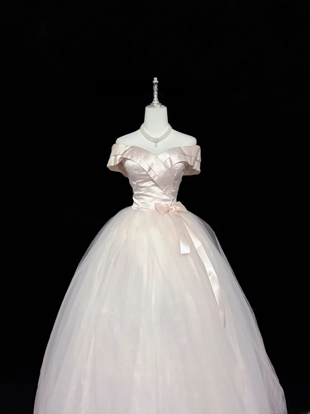 Fairytale Prom Dresses Ball Gown Off The Shoulder Light Pink Satin With Bow Evening Long Formal Dress RB7398