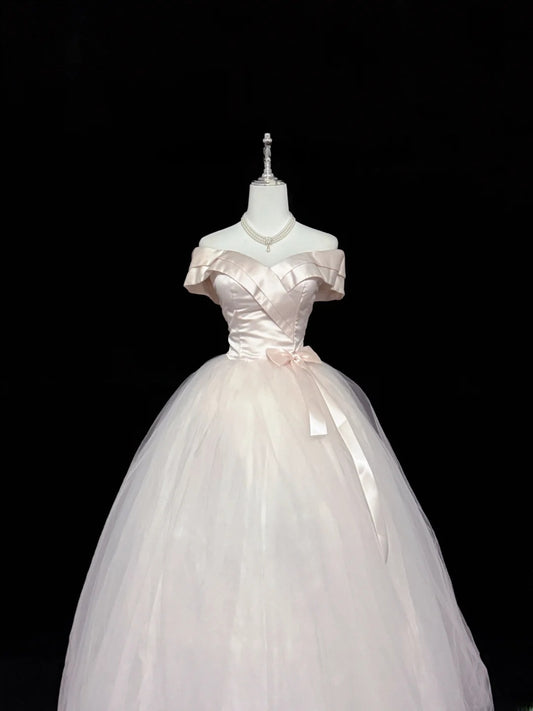 Fairytale Prom Dresses Ball Gown Off The Shoulder Light Pink Satin With Bow Evening Long Formal Dress RB7398