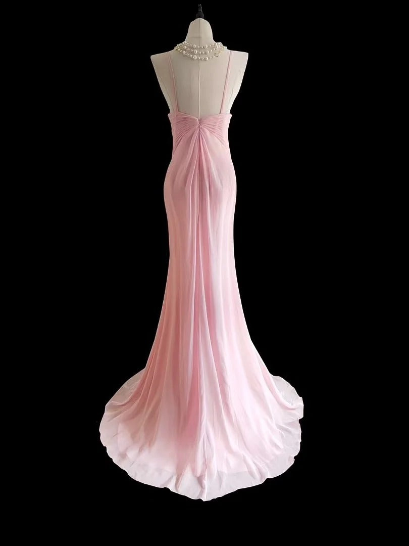 Robe de bal longue classique sirène rose en mousseline sans manches, dos nu, pour les élèves de terminale (AS024)