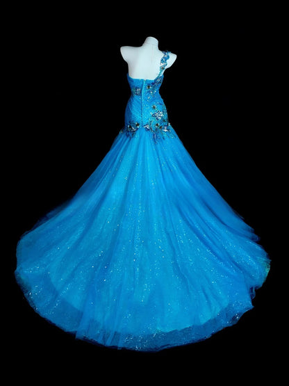Blue Prom Dress Mermaid One Shoulder Lace Tulle Modest Floor Length Formal Party Gown RB9829