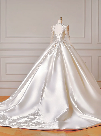 Prinzessinnen-Brautkleid, langes Ballkleid, V-Ausschnitt, Satin, lange Ärmel, perlenbesetztes Oberteil, Brautkleid AQ024