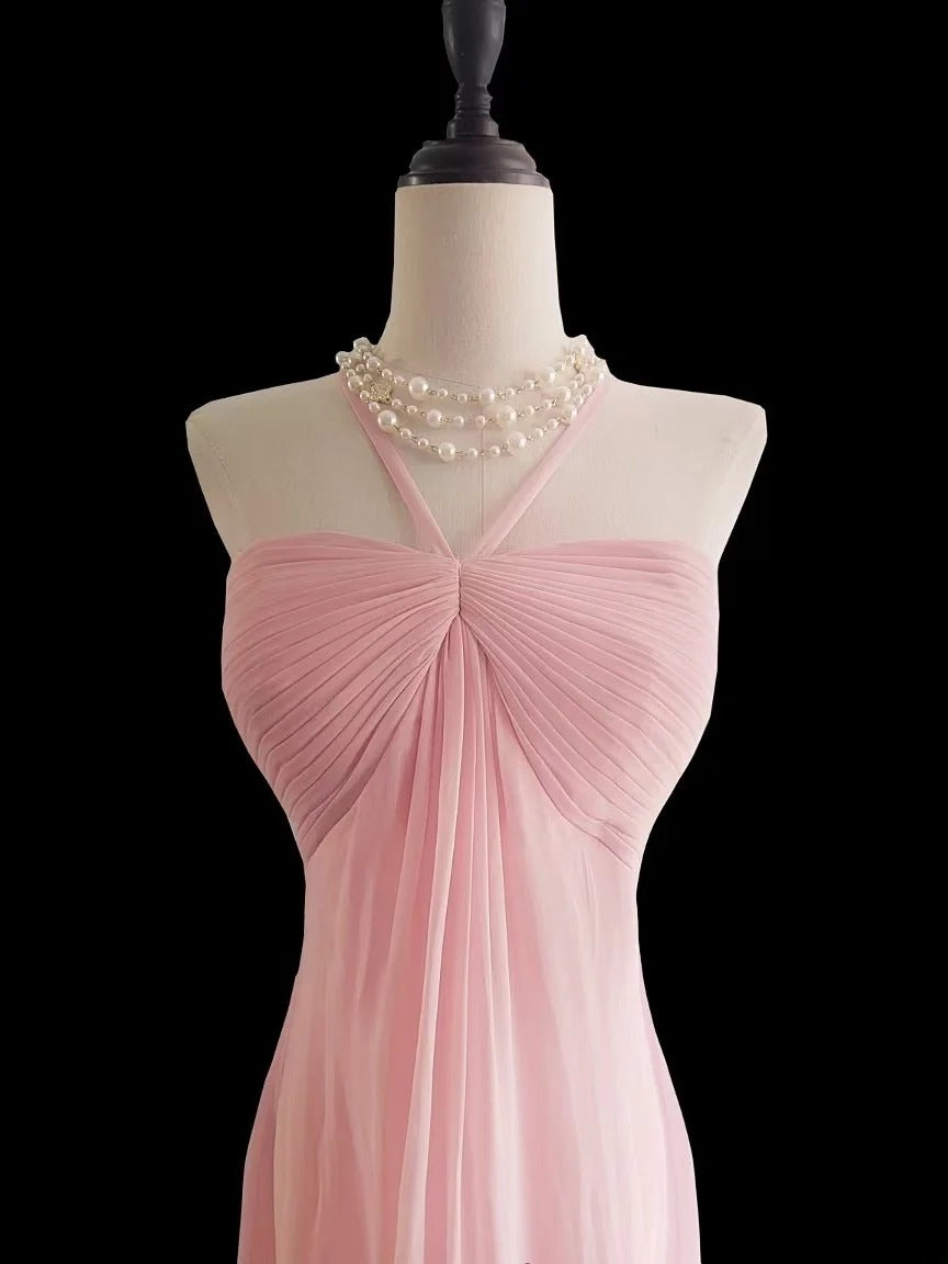 Robe de bal longue classique sirène rose en mousseline sans manches, dos nu, pour les élèves de terminale (AS024)