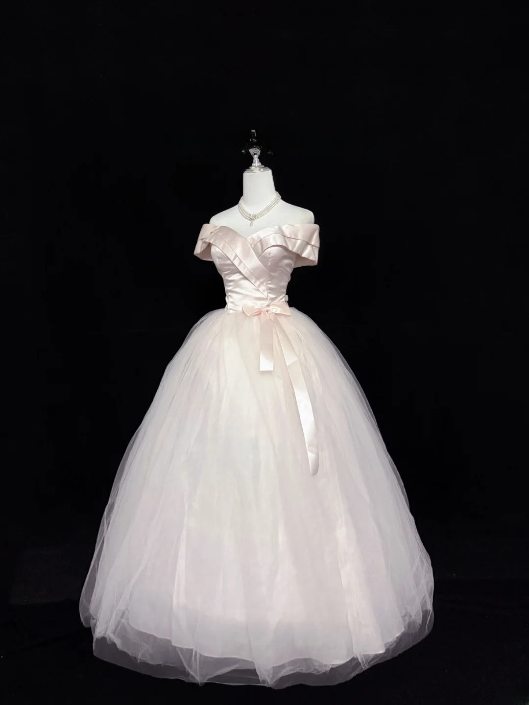 Fairytale Prom Dresses Ball Gown Off The Shoulder Light Pink Satin With Bow Evening Long Formal Dress RB7398
