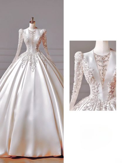 Prinzessinnen-Brautkleid, langes Ballkleid, V-Ausschnitt, Satin, lange Ärmel, perlenbesetztes Oberteil, Brautkleid AQ024