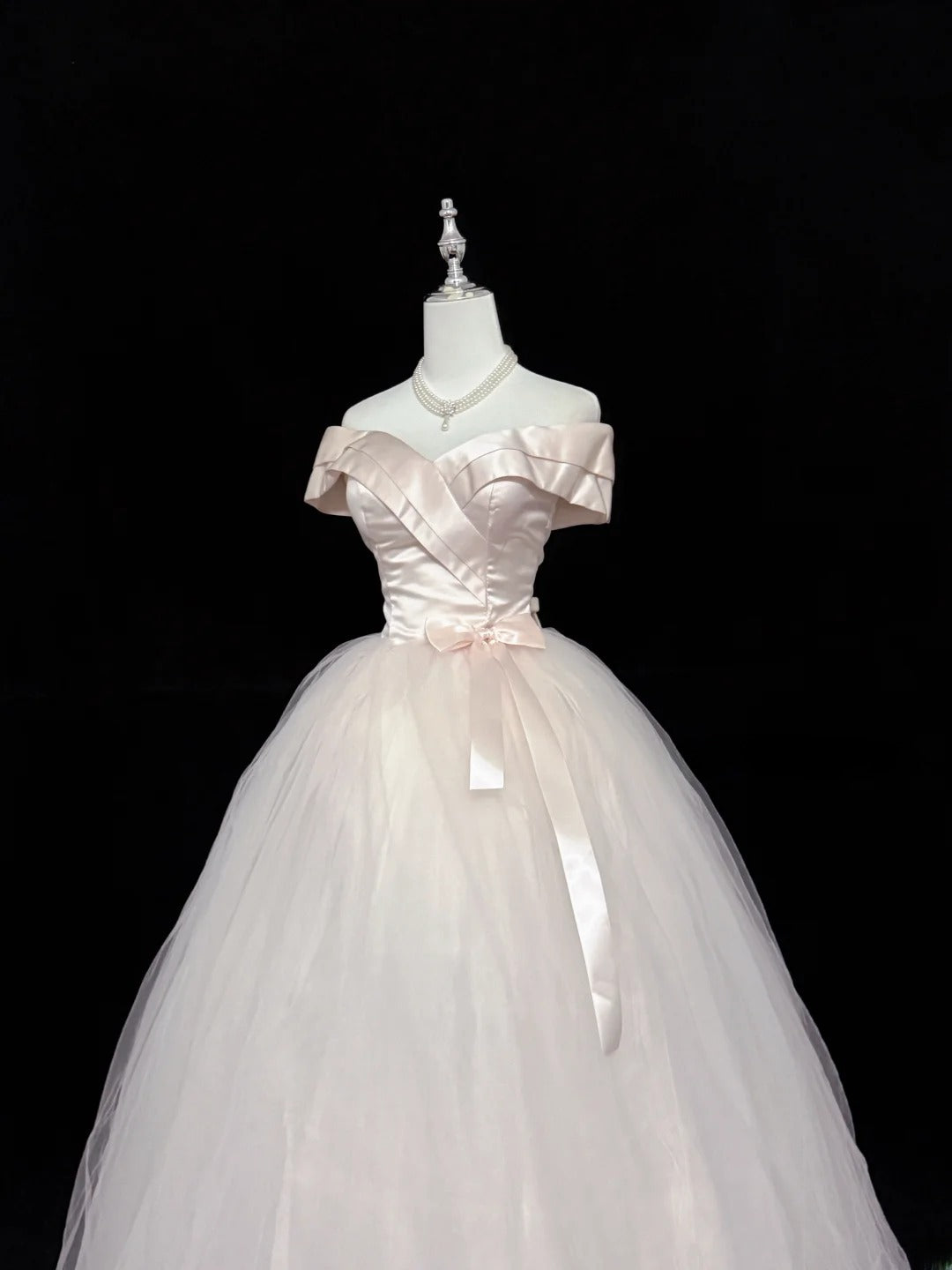 Fairytale Prom Dresses Ball Gown Off The Shoulder Light Pink Satin With Bow Evening Long Formal Dress RB7398