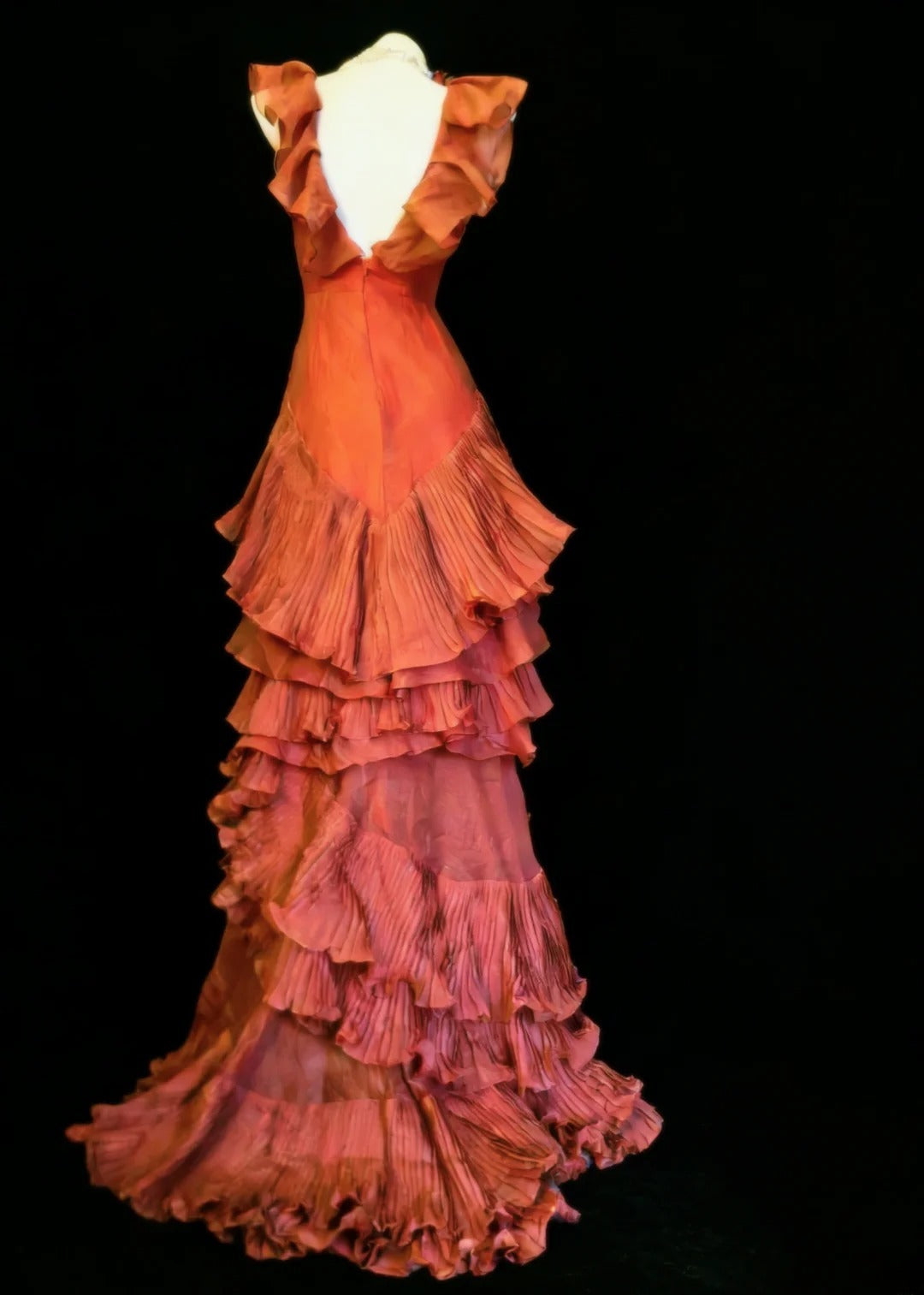 Robe de soirée longue sirène vintage années 90, décolleté en V et volants superposés, idéale pour un bal de promo ou un 20e anniversaire (AS024)