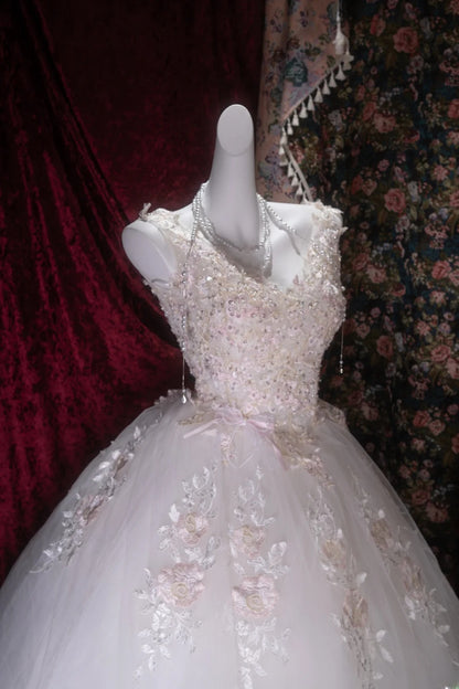 Sweet Ball Gown V Neckline Pink Tulle With Appliqued Lace Long Quince Dress Quinceanera Dresses Formal Birthday Outfits RB8049
