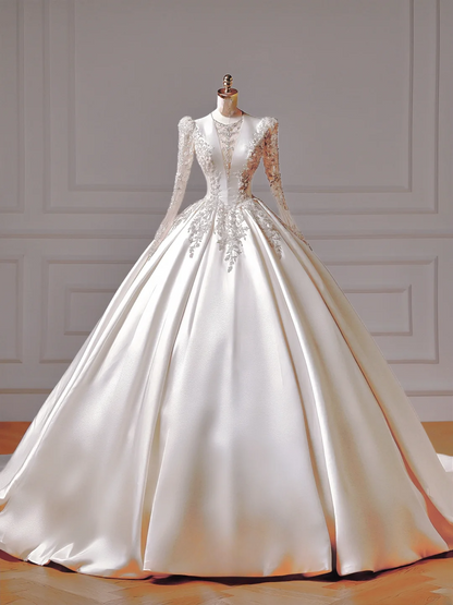 Prinzessinnen-Brautkleid, langes Ballkleid, V-Ausschnitt, Satin, lange Ärmel, perlenbesetztes Oberteil, Brautkleid AQ024