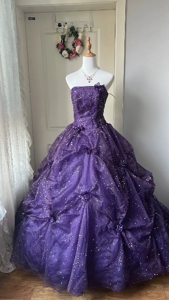 Langes trägerloses Ballkleid zum 16. Geburtstag aus lila Tüll, bodenlanges Sweet Sixteen Kleid RC0395