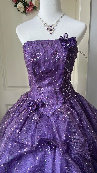 Sweet 16 Dresses Long Strapless Purple Tulle Floor Length Ball Gown Sweet Sixteen Birthday Gown RC0395